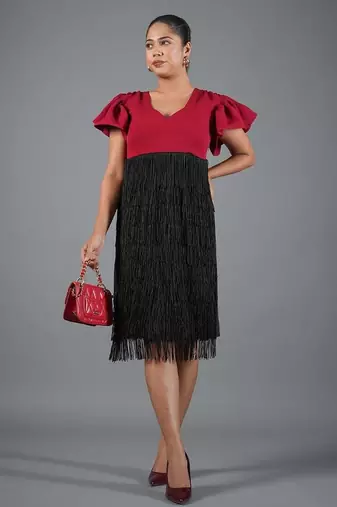 Red & black fringe work crepe fit & flare midi dress