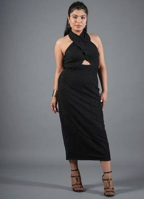Black shimmer knit draped halter neck maxi dress for women 1