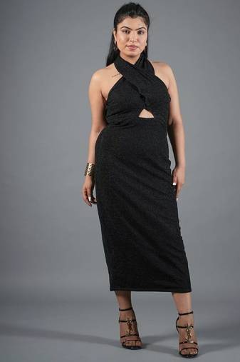 Black shimmer knit draped halter neck maxi dress for women