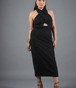 Black shimmer knit draped halter neck maxi dress for women