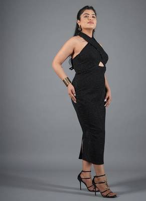 Black shimmer knit draped halter neck maxi dress for women 2