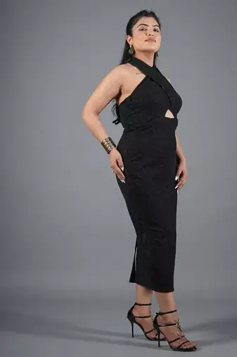 Black shimmer knit draped halter neck maxi dress for women
