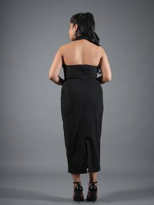 Black shimmer knit draped halter neck maxi dress for women 3