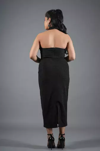 Black shimmer knit draped halter neck maxi dress for women