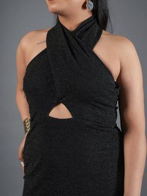 Black shimmer knit draped halter neck maxi dress for women 4