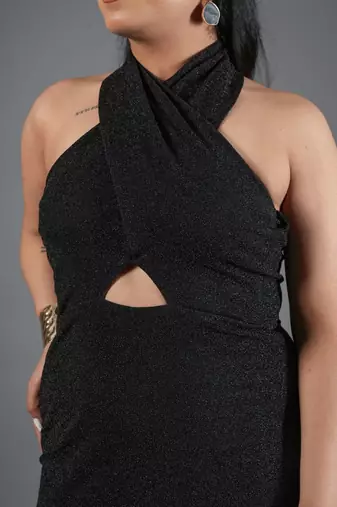 Black shimmer knit draped halter neck maxi dress for women