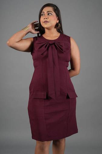 Burgundy bow work sheath dress for women