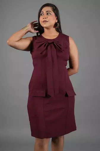 Burgundy bow work sheath dress for women