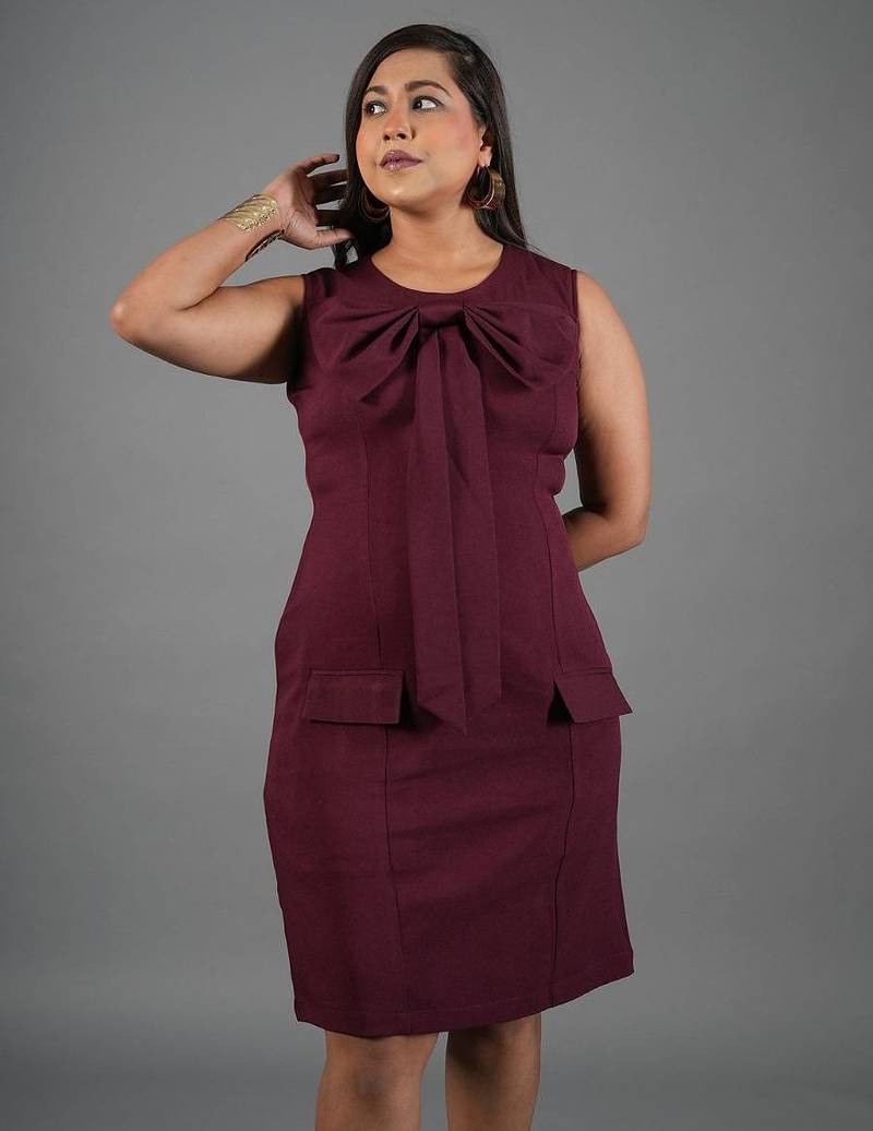 Burgundy bow work sheath dress for women