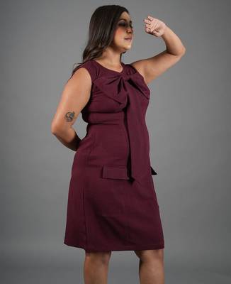 Burgundy bow work sheath dress for women 2