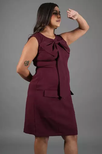 Burgundy bow work sheath dress for women