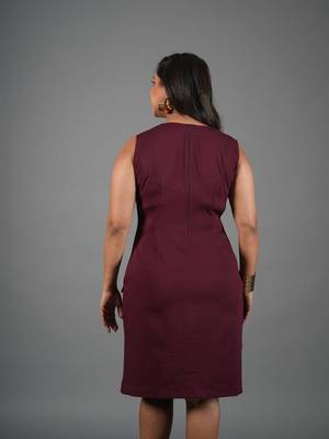 Burgundy bow work sheath dress for women 3