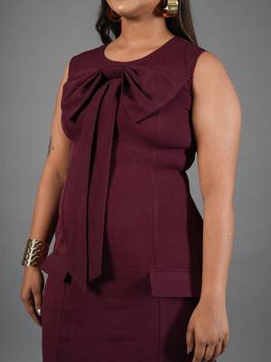 Burgundy bow work sheath dress for women 4