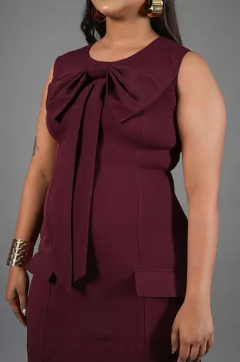 Burgundy bow work sheath dress for women