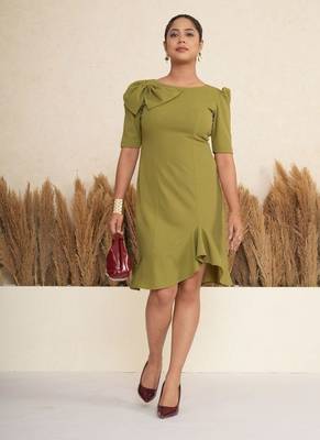 Olive green bow work sheath midi dress for women 1