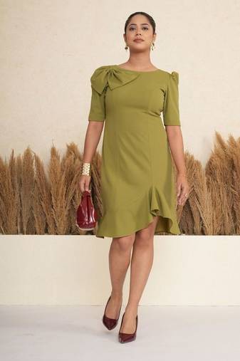 Olive green bow work sheath midi dress for women
