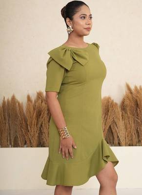 Olive green bow work sheath midi dress for women 2