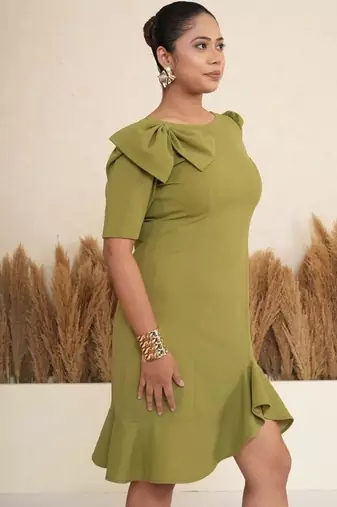 Olive green bow work sheath midi dress for women