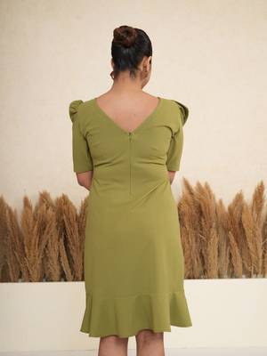 Olive green bow work sheath midi dress for women 3