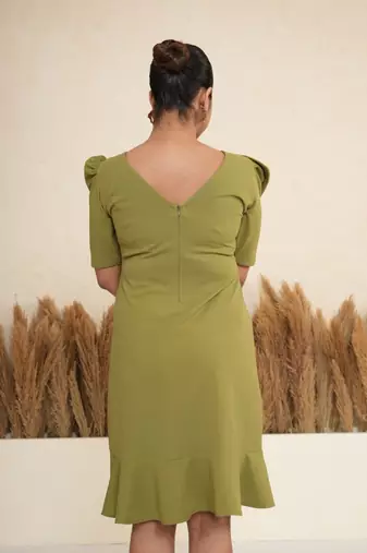 Olive green bow work sheath midi dress for women