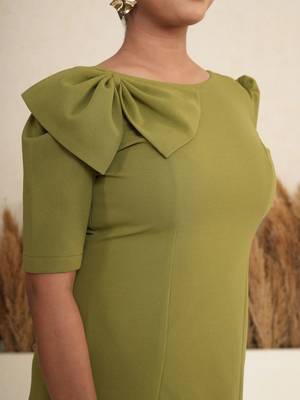 Olive green bow work sheath midi dress for women 4