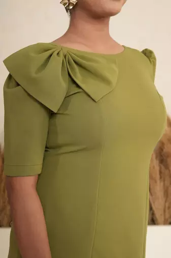 Olive green bow work sheath midi dress for women