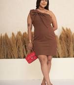 Brown bow work one-shoulder sheath dress for women