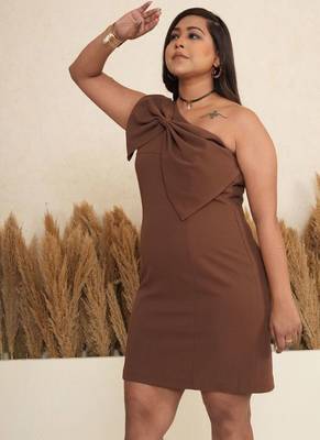 Brown bow work one-shoulder sheath dress for women 2