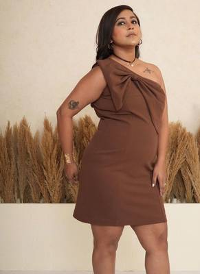 Brown bow work one-shoulder sheath dress for women 3