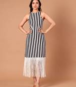 Black & white striped fringe work midi dress for women