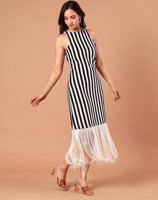 Black & white striped fringe work midi dress for women 2