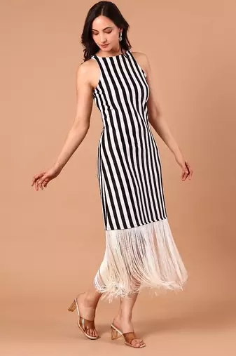Black & white striped fringe work midi dress for women