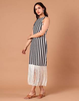 Black & white striped fringe work midi dress for women 3