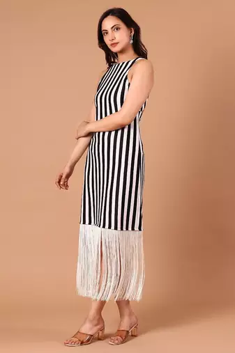 Black & white striped fringe work midi dress for women