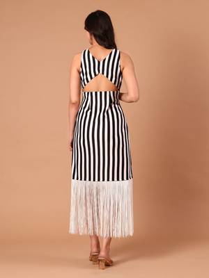 Black & white striped fringe work midi dress for women 4