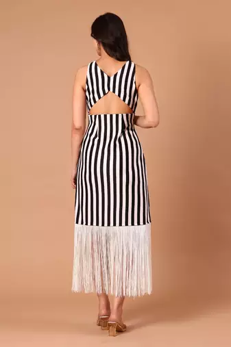 Black & white striped fringe work midi dress for women