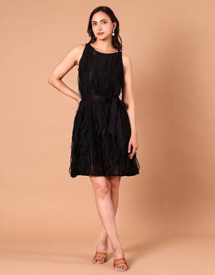 Black layered polyester a-line dress for women 1