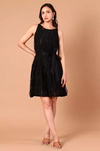 Black layered polyester a-line dress for women