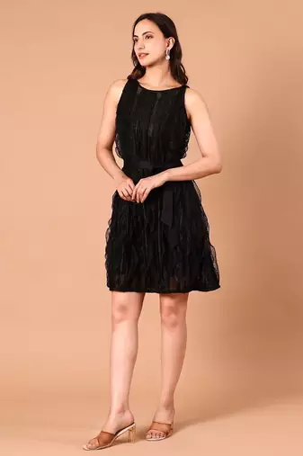Black layered polyester a-line dress for women