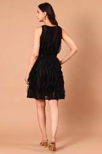 Black layered polyester a-line dress for women