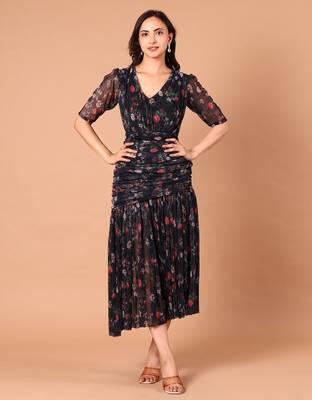 Black floral printed georgette pleated midi dress for women 1