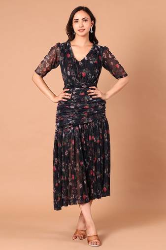 Black floral printed georgette pleated midi dress for women