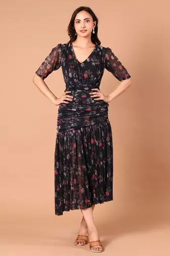 Black floral printed georgette pleated midi dress for women
