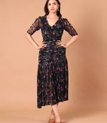 Black floral printed georgette pleated midi dress for women