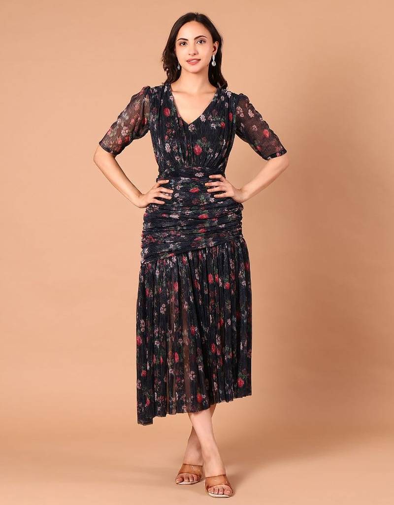 Black floral printed georgette pleated midi dress for women