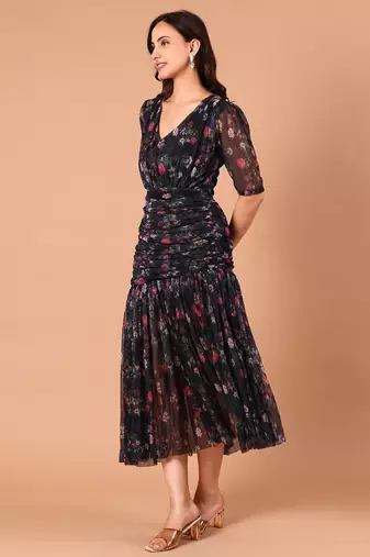 Black floral printed georgette pleated midi dress for women