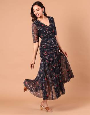 Black floral printed georgette pleated midi dress for women 3