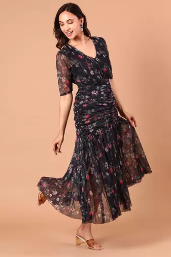 Black floral printed georgette pleated midi dress for women