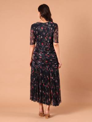 Black floral printed georgette pleated midi dress for women 4