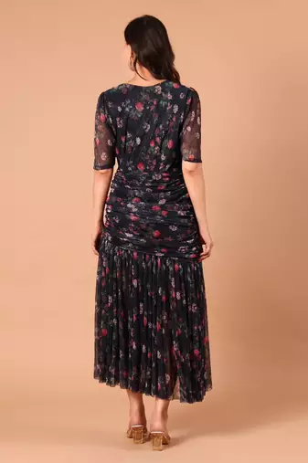 Black floral printed georgette pleated midi dress for women